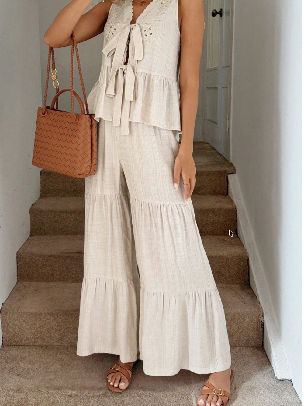 Boho Floral Detail Front Tie Sleeveless Top Wide Leg Pants Set - Picture 4 of 5